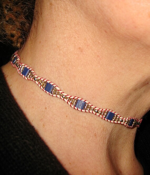 Double Wrap Beaded Necklace-Red-White-Blue Double Wrap Beaded Necklace-Red-White-Blue