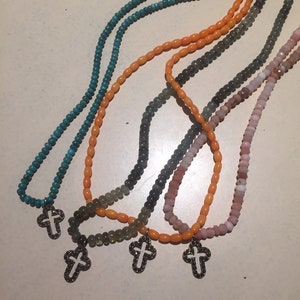 Single Strand Bead Necklace Sterling Silver Cross Pendant Bohemian Goddess Vibes