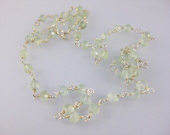 Sterling Silver Prehnite Beaded Necklace - Wire Wrapped Rosary Style