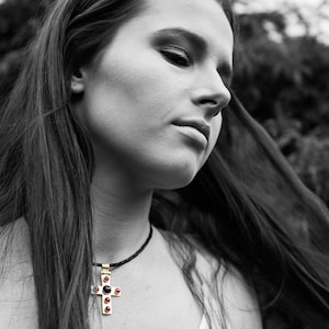 BYZANTIUM Cross with Genuine Rubies Iolite Handcrafted Christian Empire Medieval Gothic Vegan Black Neoprene Necklace