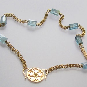 Handcrafted 22k Gold Chain Genuine Aquamarine Uncut Crystal Roman Hellenistic Style Necklace Ancient Rome