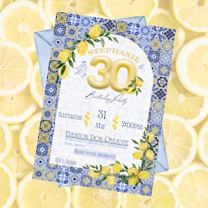 Editable Blue Tiles Lemon Birthday Invitation Template, Mediterranean Birthday Invitation, Italian Birthday Invitation, Lemons & Tiles.