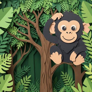Peut inclure: Une illustration en papier superposé représentant un chimpanzé gris foncé au visage, aux oreilles, aux mains et aux pieds beige clair, assis sur une branche d'arbre marron. L'arrière-plan se compose de feuillages et d'arbres en papier vert.