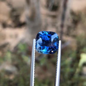 May include: A square-cut, deep blue gemstone held by silver tweezers. The gem's facets reflect light, creating a sparkling effect. The stone's color ranges from a vibrant, saturated blue to lighter shades.