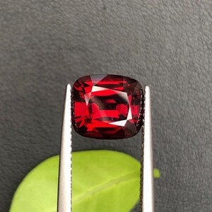 以下が含まれることがあります： 銀色のピンセットで保持された、クッションカットの深い赤色の宝石。 宝石は高度な透明度と輝きを持ち、鮮明で定義されたファセットで光を反射します。 背景には緑の葉が見え、宝石の色とコントラストをなしています。