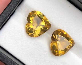 Citrine Heart Gemstone Pair: Honey Brown Faceted Stones, 8.31 ct