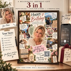 May include: A personalised birthday gift set featuring a framed photo collage with text, a story guidance form, and a smartphone displaying a song. The collage includes photos, a QR code, and heartfelt messages celebrating a woman's special day.