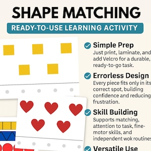 May include: A learning activity with the text "SHAPE MATCHING" and "READY-TO-USE LEARNING ACTIVITY". The image shows yellow squares and red hearts on white cards, designed for skill-building and errorless design.