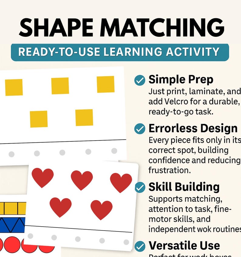K&ouml;nnte beinhalten: Lernaktivit&auml;t mit dem Text "SHAPE MATCHING" und "READY-TO-USE LEARNING ACTIVITY". Das Bild zeigt gelbe Quadrate und rote Herzen auf Karten, konzipiert f&uuml;r den Aufbau von F&auml;higkeiten und ein fehlerfreies Design.