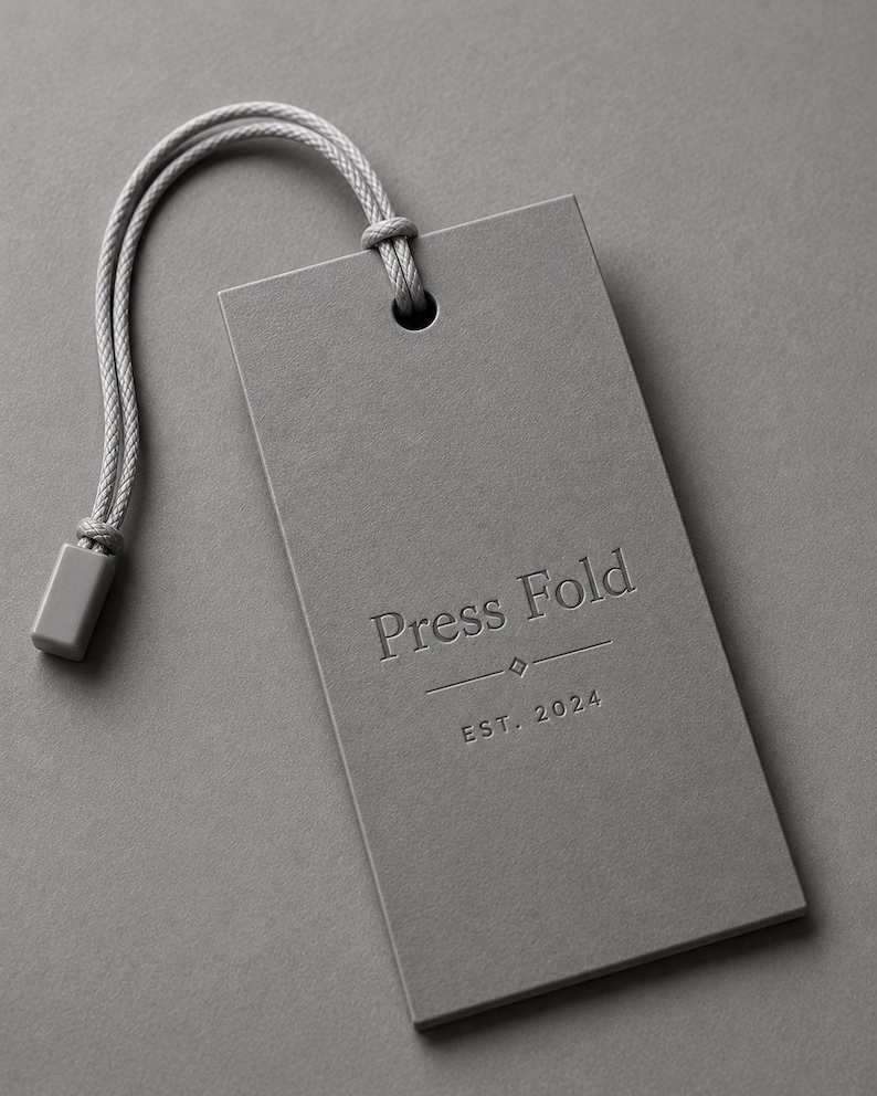 Puede incluir: Una etiqueta rectangular de papel gris con un cord&oacute;n gris y un cierre de pl&aacute;stico. La etiqueta presenta el texto en relieve Press Fold, un peque&ntilde;o icono de diamante y el texto EST. 2024 centrados en la parte frontal con una fuente clara.