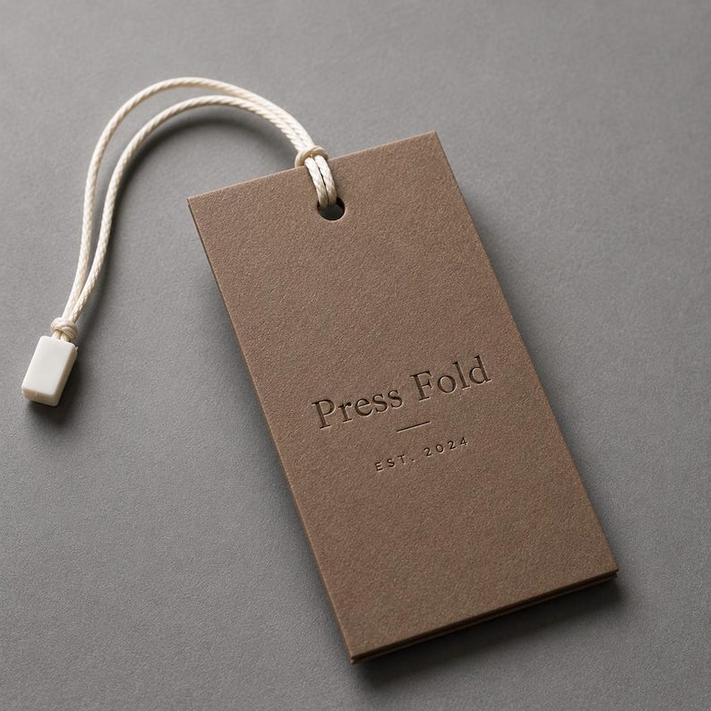 Puede incluir: Una etiqueta colgante rectangular de papel marr&oacute;n con el texto en relieve Press Fold y EST. 2024. La etiqueta incluye un lazo de cuerda blanca con un peque&ntilde;o cierre de pl&aacute;stico blanco sujeto a trav&eacute;s de un agujero en la parte superior.