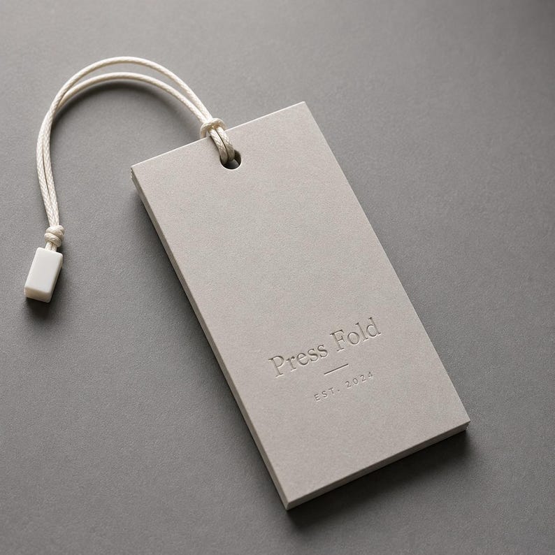 Puede incluir: Una etiqueta colgante rectangular de papel gris claro con un lazo de cuerda blanca y un cierre de pl&aacute;stico blanco. La etiqueta presenta el texto en relieve Press Fold con una l&iacute;nea horizontal y el texto EST. 2024 impreso debajo.
