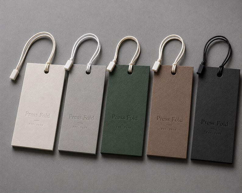 Puede incluir: Cinco etiquetas colgantes rectangulares de papel en color crema, gris claro, verde oscuro, marr&oacute;n y negro. Cada etiqueta presenta el texto en relieve Press Fold y est. 2023. Est&aacute;n unidas a cordones con cierres de pl&aacute;stico a juego.