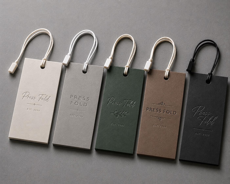 Puede incluir: Cinco etiquetas colgantes rectangulares de papel en beige, gris claro, verde oscuro, marr&oacute;n y negro. Cada etiqueta presenta el texto en relieve Press Fold y EST. 2024. Las etiquetas est&aacute;n unidas a cordones blancos o negros con cierres.