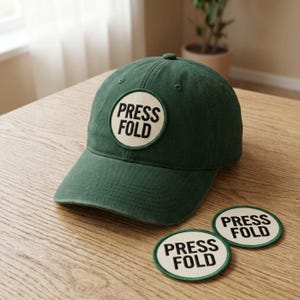 Puede incluir: Una gorra de béisbol de color verde oscuro con un parche circular en la parte delantera que muestra el texto PRESS FOLD en letras mayúsculas negras. Dos parches circulares adicionales con el mismo texto PRESS FOLD se sitúan junto a la gorra.