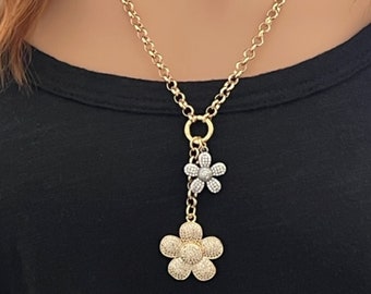 Belcher Rolo Chain Blossom Pave Star Pendant Necklace Lariat
