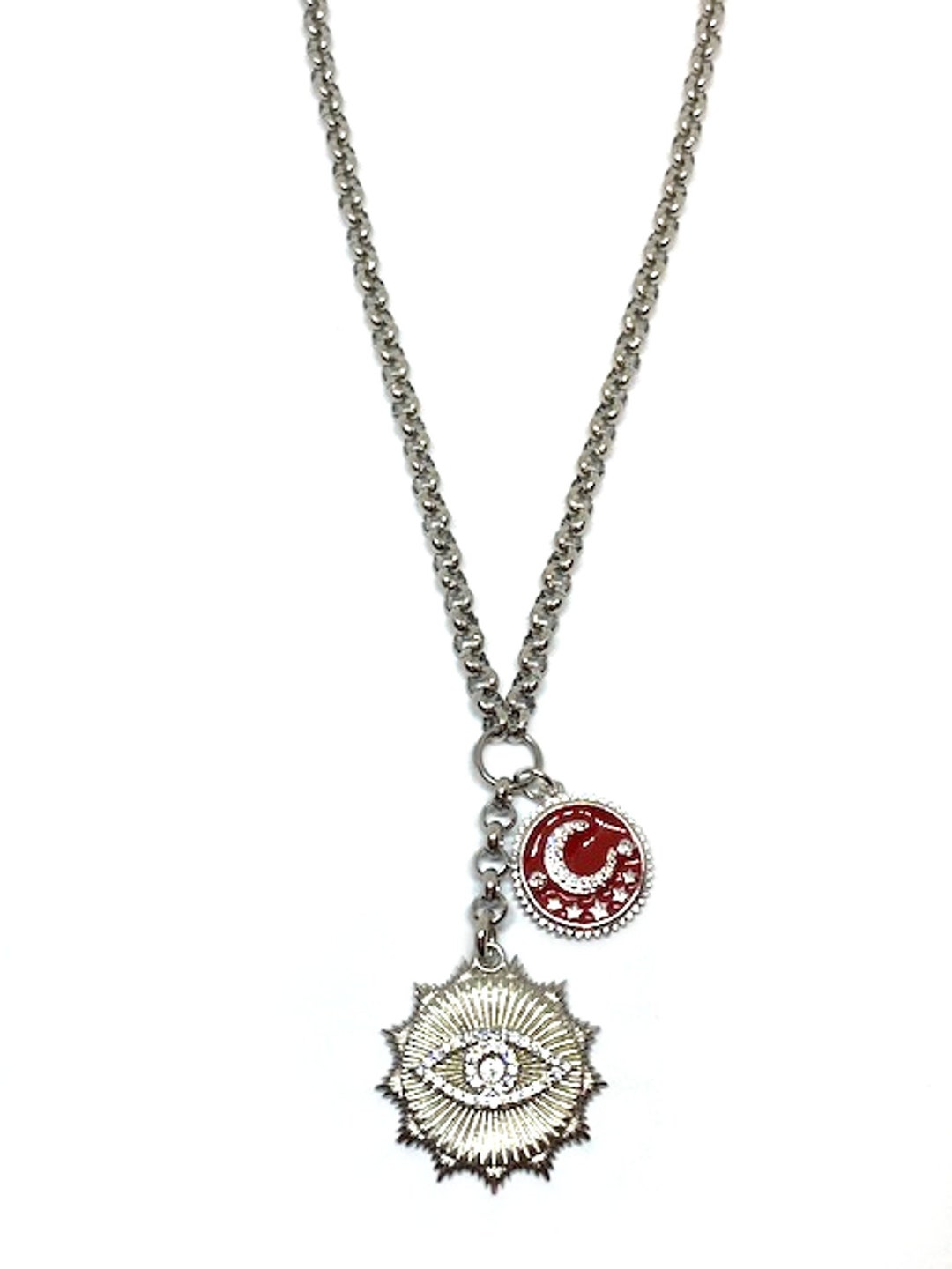 Silver Pave Evil Eye Coin Necklace Chunky Belcher Chain Coin - Etsy