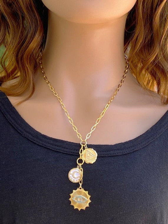 Paperclip Chain Multi Charm Drop Coin 