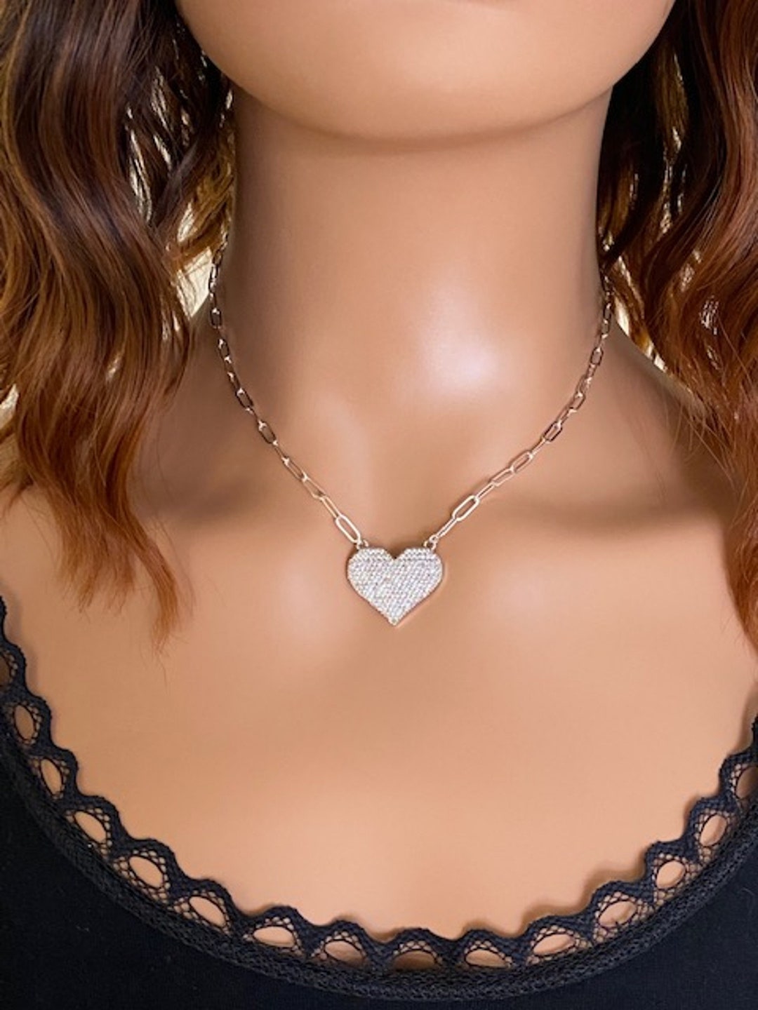 Silver Heart Necklace Pave Heart Necklace Paper Clip Chain Etsy