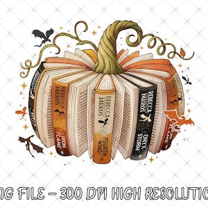 May include: A pumpkin-shaped design made of open books, with the spines facing outward. The books are orange and white, with the author's name "Rebecca Yarros" visible. The image includes bats and the text "PNG FILE - 300 DPI HIGH RESOLUTION".