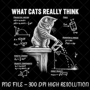 Può includere: Un design grafico in bianco e nero raffigurante un gatto seduto su un tavolo che rovescia un bicchiere d'acqua. L'immagine include equazioni fisiche e diagrammi etichettati Projectile Motion, Force, Kinetic Energy e Velocity Components.