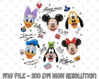 Retro Mickey and Friends Balloon Signature Digital Download, Mickey Minnie Donald Daisy Goofy Pluto Png, Disneyland Trip Family Png