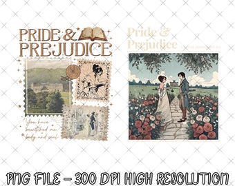 以下が含まれることがあります： 「Pride & Prejudice」のタイトルと小説のイラストが描かれたデジタルデザイン。切手風の画像と「You have bewitched me body and soul」の引用が含まれています。