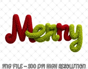 以下が含まれることがあります： 3Dニットスタイルの「Merry」の文字が特徴的なお祝いのグラフィック。文字は赤と緑で、質感のある外観です。背景は、控えめなダイヤモンドパターンが施された白です。