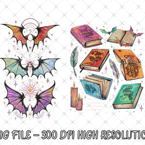 May include: Digital illustration featuring colorful bat wings and fantasy books. The wings are in shades of red, green, and purple. The books have titles like "A Court of Mist and Fury" and "Thorns and Roses".