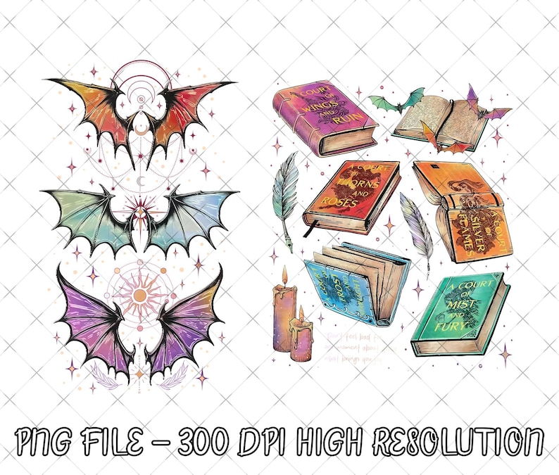 May include: Digital illustration featuring colorful bat wings and fantasy books. The wings are in shades of red, green, and purple. The books have titles like "A Court of Mist and Fury" and "Thorns and Roses".