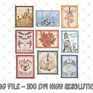 May include: Nine vintage-style postage stamps with various designs. Stamps include illustrations of a castle, mountains, a sword, roses, bats, an easel, a deer, and a book. Text on the stamps includes "Lunathion", "The Night Court", "Star Born", "the Bat Boys", "Velaris Art Festival", "Fireheart", and "Umbra Mortis".