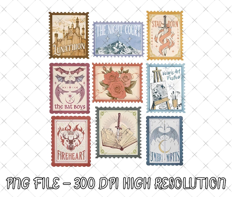 May include: Nine vintage-style postage stamps with various designs. Stamps include illustrations of a castle, mountains, a sword, roses, bats, an easel, a deer, and a book. Text on the stamps includes "Lunathion", "The Night Court", "Star Born", "the Bat Boys", "Velaris Art Festival", "Fireheart", and "Umbra Mortis".