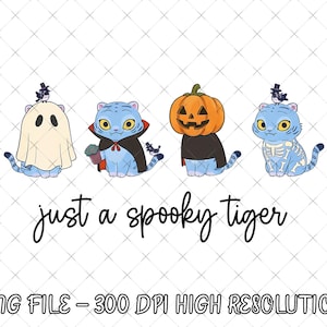 May include: A digital illustration featuring four blue tigers dressed in Halloween costumes. One is a ghost, another a vampire, a third wears a pumpkin, and the last is a skeleton. The text "just a spooky tiger" is written below.