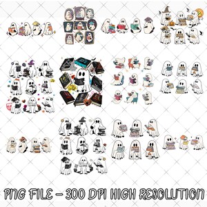 May include: A digital collection of illustrations featuring white ghosts reading books, some wearing hats or sitting in chairs, surrounded by stacks of colorful books, pumpkins, and small stars, with the text PNG FILE - 300 DPI HIGH RESOLUTION.