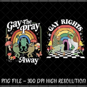 Pode incluir: Dois designs gráficos sobre um fundo preto. O primeiro design apresenta três sapos dançando sob um arco-íris com o texto "Gay The Pray Away". O segundo design mostra dois sapos sob um arco-íris com o texto "Gay Rights". Cogumelos e borboletas também estão incluídos.