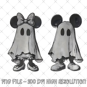 May include: Two black and white illustrations of cartoon characters dressed as ghosts. One character wears a polka dot bow and shoes with bows, while the other wears rounded shoes. Both figures have large round ears and dark oval eyes.