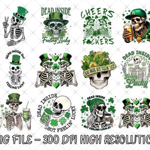 Op de afbeelding: Een verzameling digitale afbeeldingen met een thema voor St. Patrick's Day, met skeletillustraties. De ontwerpen bevatten groene accenten, klavers en tekst zoals "Dead Inside But Feeling Lucky" en "Cheers F*ckers". De afbeeldingen zijn in hoge resolutie.