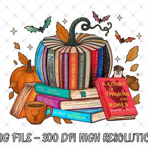 May include: A digital illustration of a pumpkin made of books, with a stack of books at the base. The books are in various colors, with titles like "A Court of Thorns and Roses." Autumn leaves, bats, and a mug complete the fall theme.