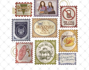 May include: A collection of nine rectangular and oval postage stamp-style illustrations featuring various designs including Doose's Market, two figures eating pizza, a no cell phones sign, Chilton crest, Dragonfly Inn, Luke's sign, a key, a gazebo, and text.