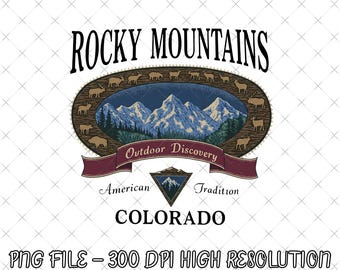 May include: A vintage-style graphic featuring the words "Rocky Mountains" above an oval illustration of a mountain range and deer. The words "Outdoor Discovery," "American," "Tradition," and "Colorado" are also included.