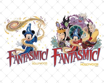 以下が含まれることがあります： 青い魔法使いのローブと帽子を身に着けたミッキーマウスと「FANTASMIC! DISNEY HOLLYWOOD STUDIOS」の文字が描かれた2つのデジタルグラフィックデザイン。片方は金色の魔法の渦を巻くミッキー、もう片方はマレフィセントやアースラなどの悪役が含まれています。