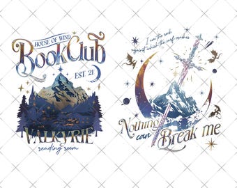 May include: Two digital graphic designs featuring mountain landscapes. The left design includes text reading House of Wind Book Club Est. 21 Valkyrie reading room. The right design features a sword, a crescent moon, and the text I am the rock against which the surf crashes Nothing can Break me.