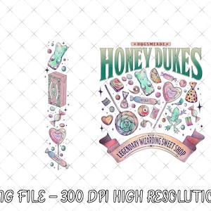 Può includere: Illustrazione colorata con varie caramelle e dolci, tra cui lecca-lecca, orsetti gommosi e dolcetti incartati. Il testo "HONEY DUKES" è visualizzato in verde, con le parole "LEGENDARY WIZARDING SWEET SHOP" su uno striscione. L'immagine include anche il testo "PNG FILE - 300 DPI HIGH RESOLUTION".