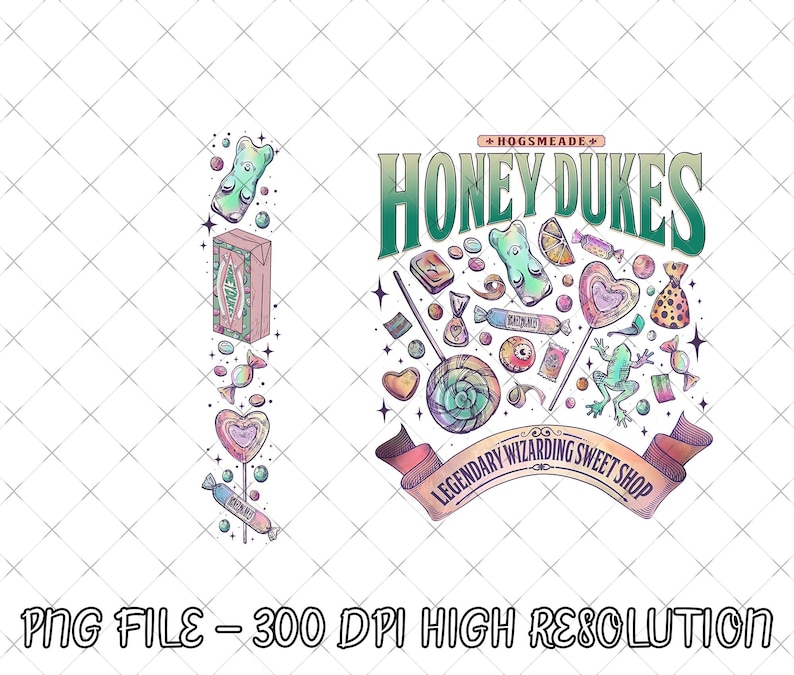 Puede incluir: Ilustraci&oacute;n colorida con varios caramelos y dulces, incluyendo piruletas, ositos de goma y golosinas envueltas. El texto "HONEY DUKES" se muestra en verde, con las palabras "LEGENDARY WIZARDING SWEET SHOP" en una pancarta. La imagen tambi&eacute;n incluye el texto "PNG FILE - 300 DPI HIGH RESOLUTION".