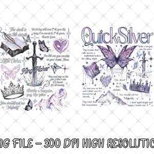 Può includere: Un design digitale a tema fantasy con farfalle, una spada, una corona e testo. Il design include le parole "Quick Silver", "King Fisher" e altre frasi in uno stile decorativo. L'immagine è etichettata "PNG FILE - 300 DPI HIGH RESOLUTION".