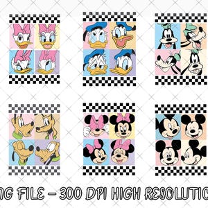 May include: Digital design featuring six panels with Disney characters. Daisy Duck, Donald Duck, Goofy, Pluto, Minnie Mouse, and Mickey Mouse are displayed in colorful squares with a black and white checkered border. Text at the bottom reads "PNG FILE - 300 DPI HIGH RESOLUTION."