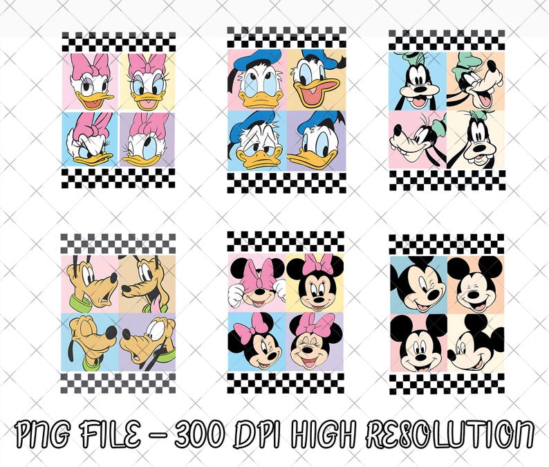 May include: Digital design featuring six panels with Disney characters. Daisy Duck, Donald Duck, Goofy, Pluto, Minnie Mouse, and Mickey Mouse are displayed in colorful squares with a black and white checkered border. Text at the bottom reads "PNG FILE - 300 DPI HIGH RESOLUTION."