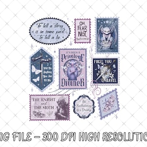 May include: A collection of vintage-style stamps with gothic and fantasy themes. The stamps feature illustrations of a gargoyle, a knight, butterflies, and text such as "To tell a story is in some part to tell a lie". The color palette includes shades of purple, blue, and white.