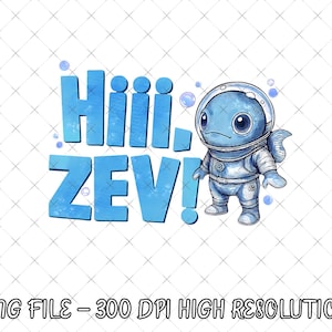 Pode incluir: Um personagem de desenho animado azul em um traje espacial com o texto "Hiiii, ZEV!" em letras azuis. O personagem tem uma aparência de peixe com olhos grandes e um capacete. Bolhas estão espalhadas ao redor do texto e do personagem.
