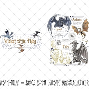 Puede incluir: Ilustración digital con dragones y elementos fantásticos. La imagen incluye un texto enmarcado que dice "Violent Little Thing" y un diseño detallado estilo pergamino con ilustraciones de dragones y texto. La imagen está etiquetada como "PNG FILE - 300 DPI HIGH RESOLUTION".